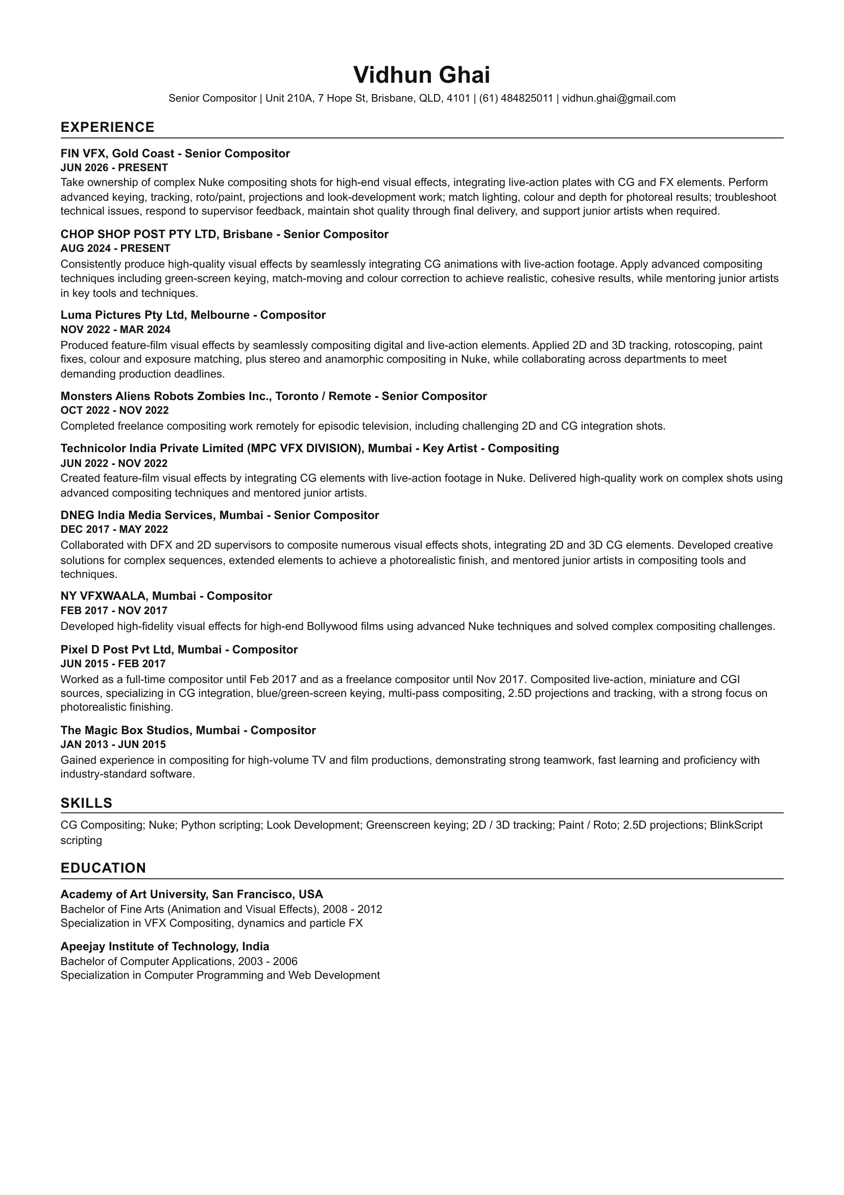 Vidhun Ghai senior compositor résumé